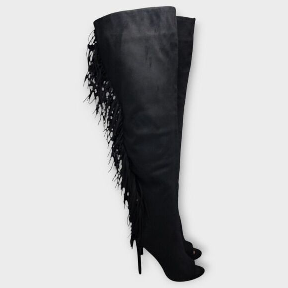 Steve Madden Lesha Suede Thigh High Open Toe Tall Heeled Fringe Boot Black Sz 9M - Picture 2 of 13